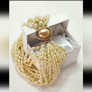 Vintage Stunning Signed CAROLEE Multi Strand Gold Faux Glass Pearl Necklace